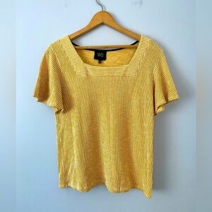 W5 Blouse Women’s Medium M Yellow White Striped Short Sleeve Square Neck Stretch